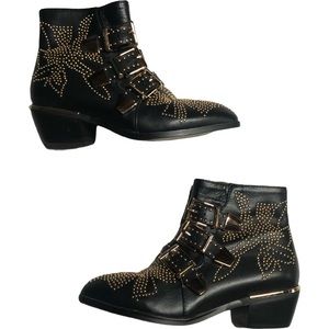Black Leather with Gold Studs Side Zip Ankle Boots Booties No Brand Size 3